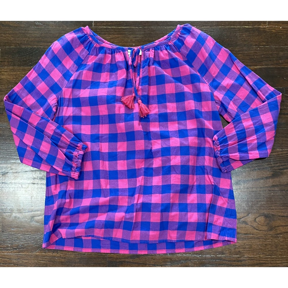 Vineyard Vines Long Sleeves Check & Plaid Top Women's Size S Tied Pom Pom V-Neck